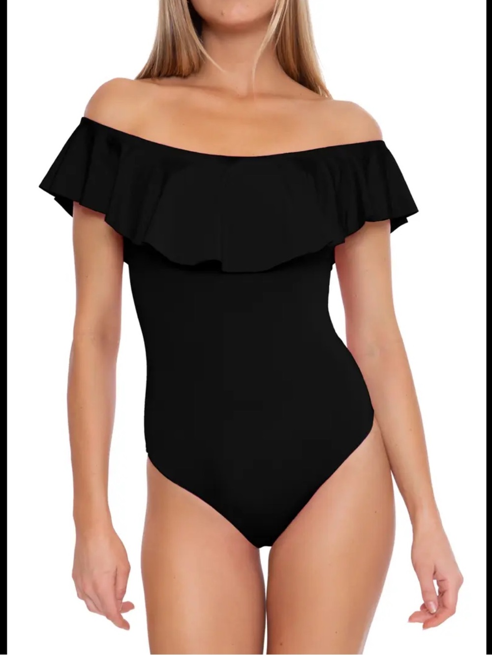 Trina Turk Monaco Off the Shoulder Ruffle One-Piece Swimsuit Black Size 10